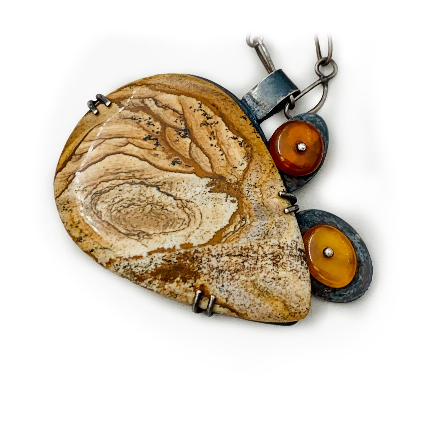 Handcrafted Sterling Silver Abstract Pendant Necklace with Picture Jasper, Baltic Amber