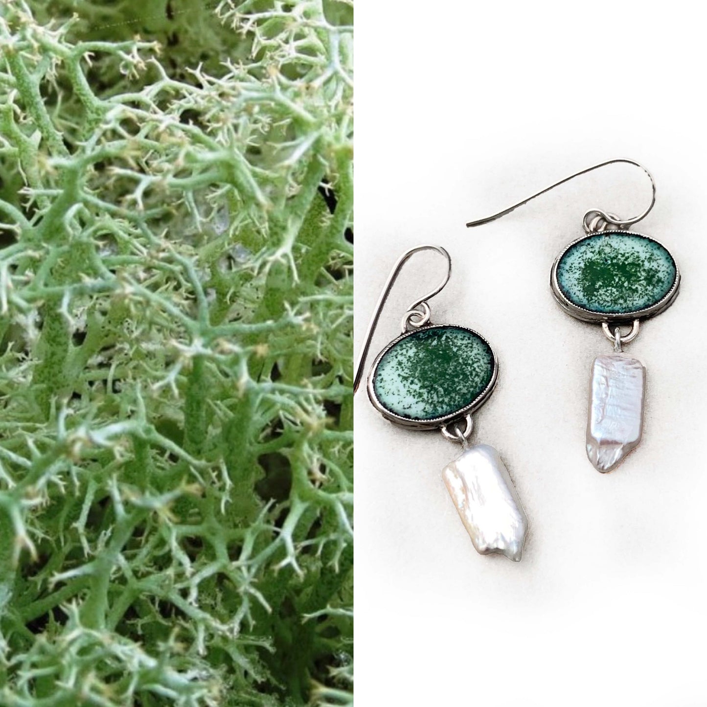 Lichen Earrings - Sterling Silver and Green Enamel with Pearl Drops