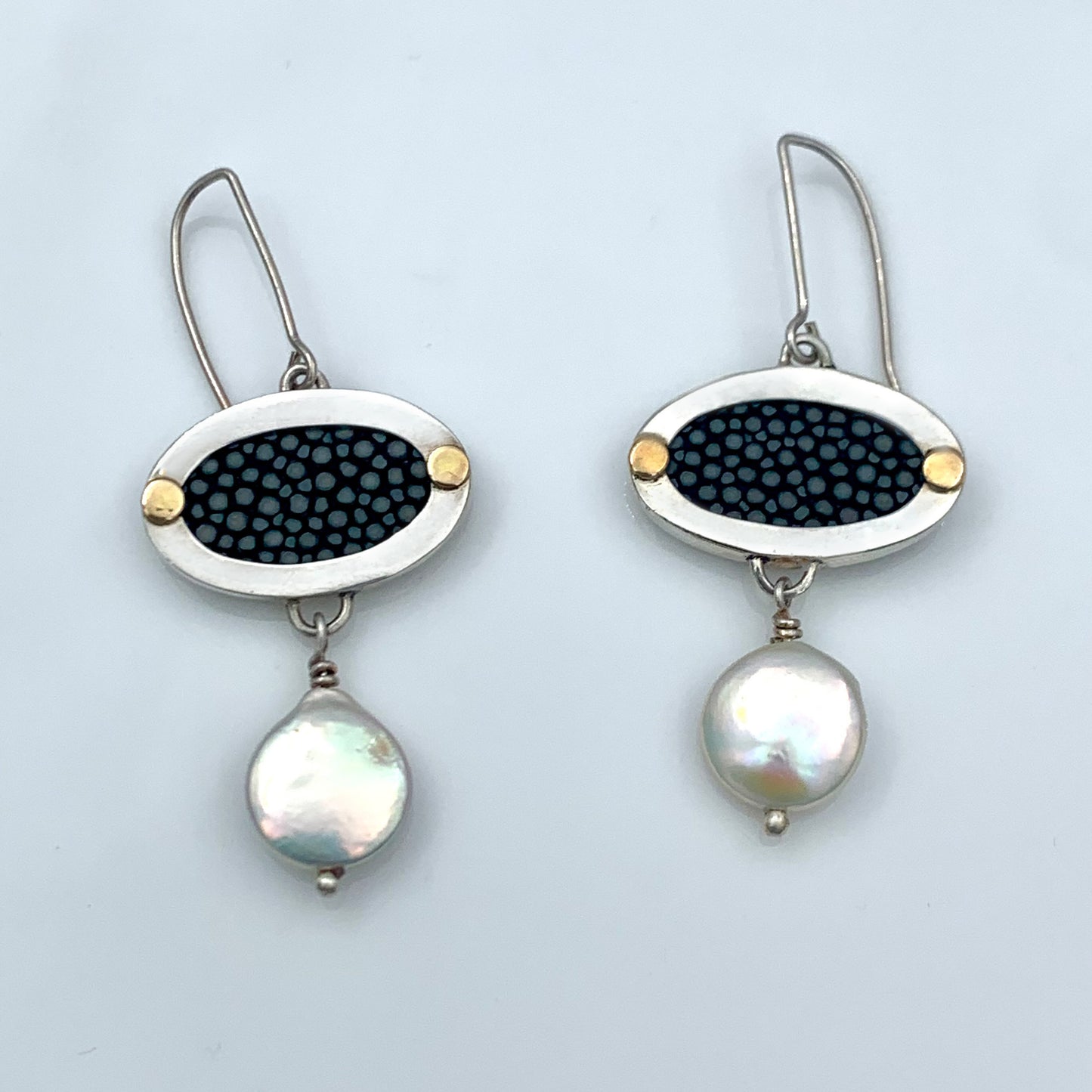 Sterling Silver Pearl Drop Earrings with Black Stingray Leather Inserts and 14K Gold