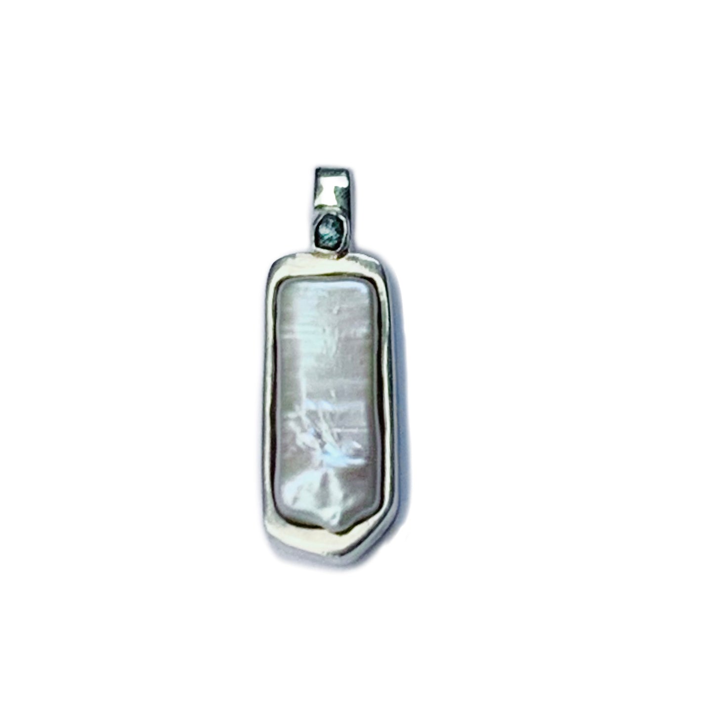 Handcrafted White Baroque Pearl and Rough Salt & Pepper Grey Diamond Pendant