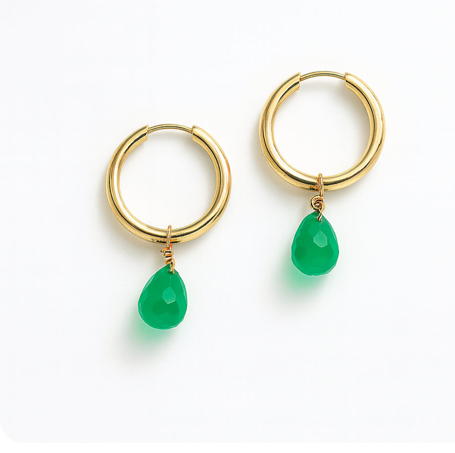 10k Solid Gold Hoop Earrings with Green Chalcedony Drops