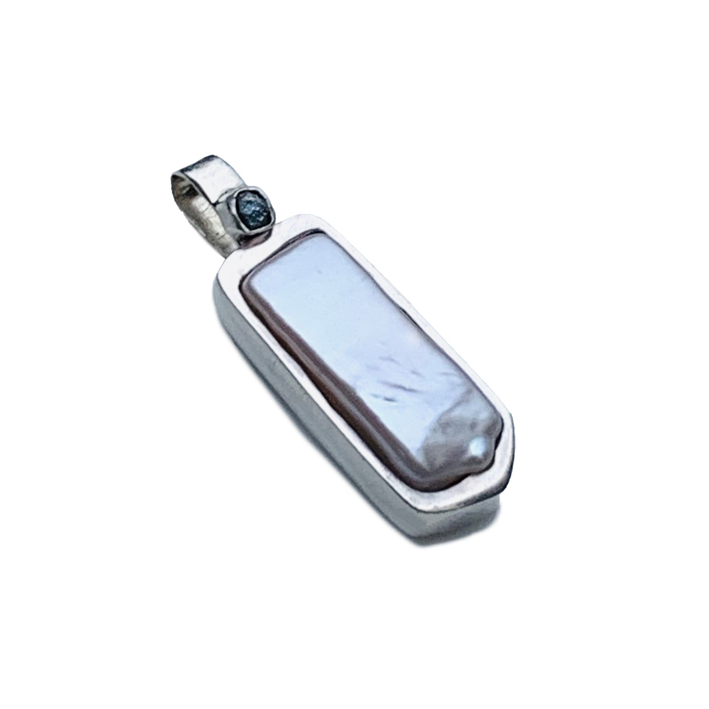 Handcrafted White Baroque Pearl and Rough Salt & Pepper Grey Diamond Pendant