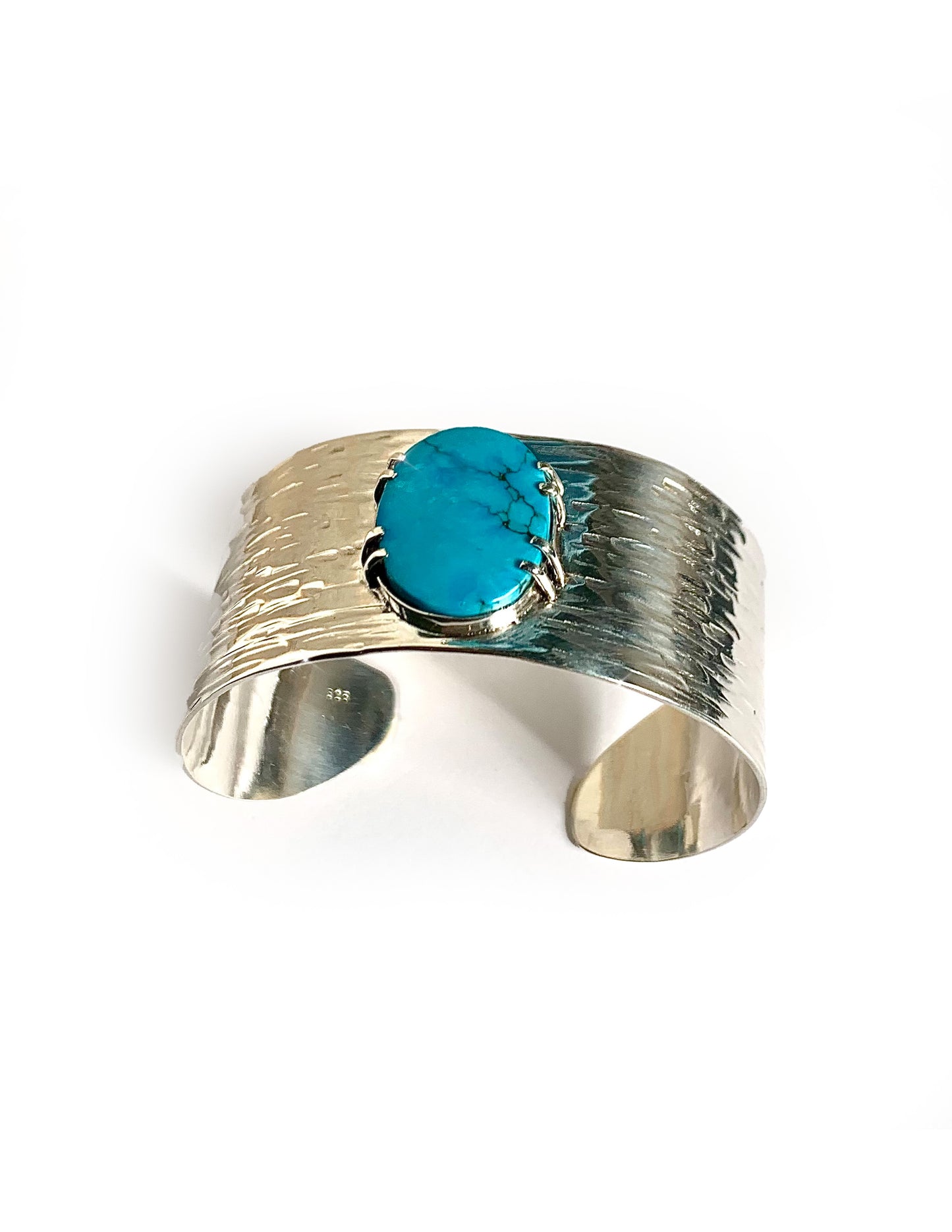 Ripple textured sterling silver cuff bracelet with genuine turquoise
