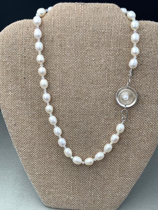 17" Freshwater Pearl and ABS Swarovski Crystal Necklace with handcrafted  Silver Pearl Clasp