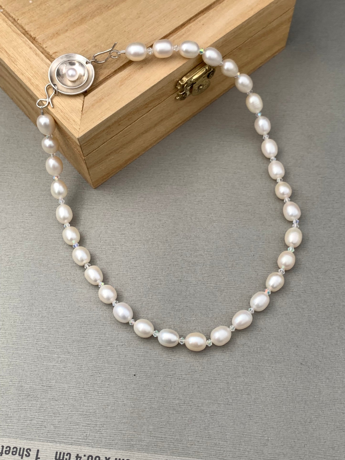 17" Freshwater Pearl and ABS Swarovski Crystal Necklace with handcrafted  Silver Pearl Clasp