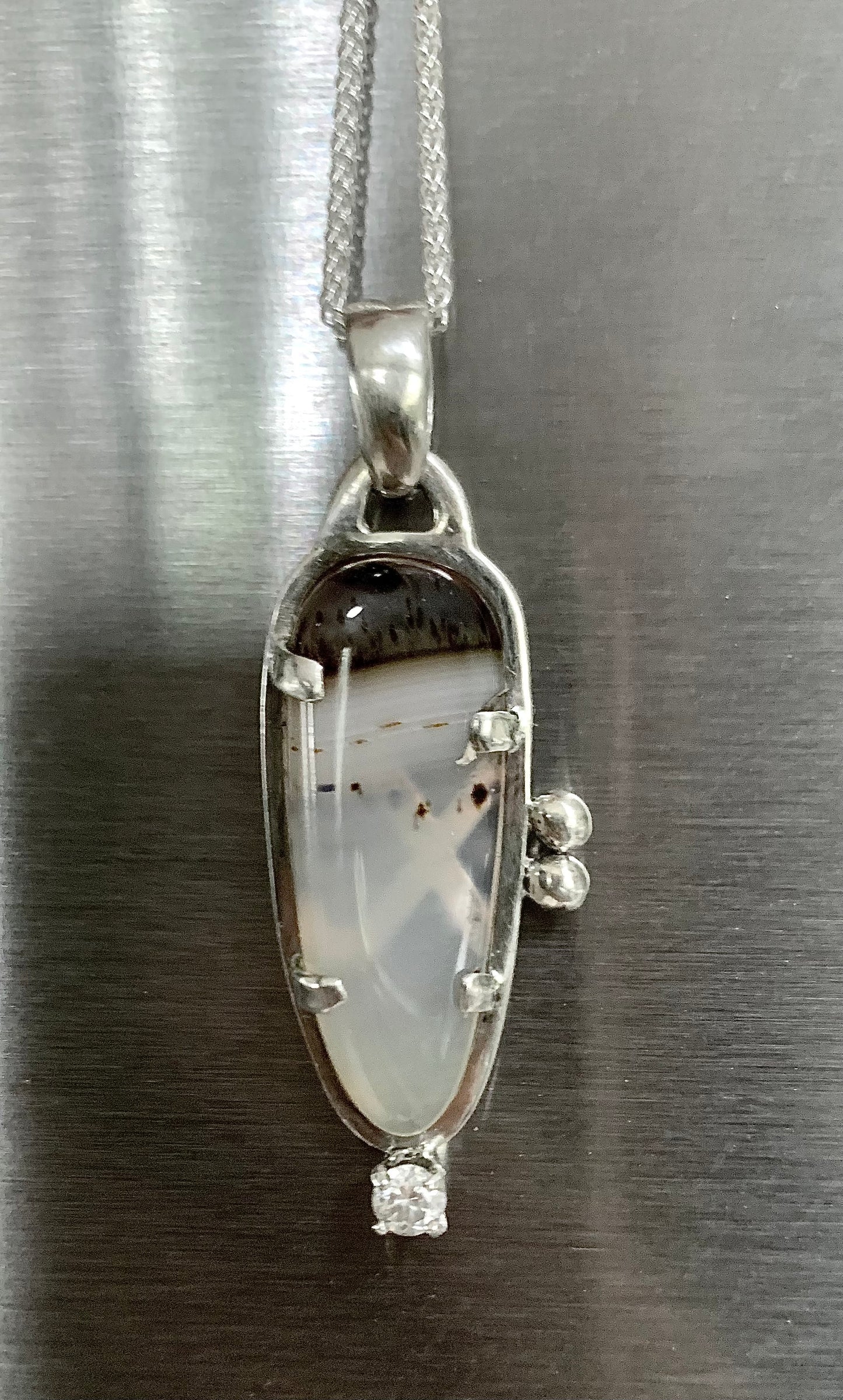 Handmade Sterling Silver Dendritic Quartz and Moissanite Pendant Necklace