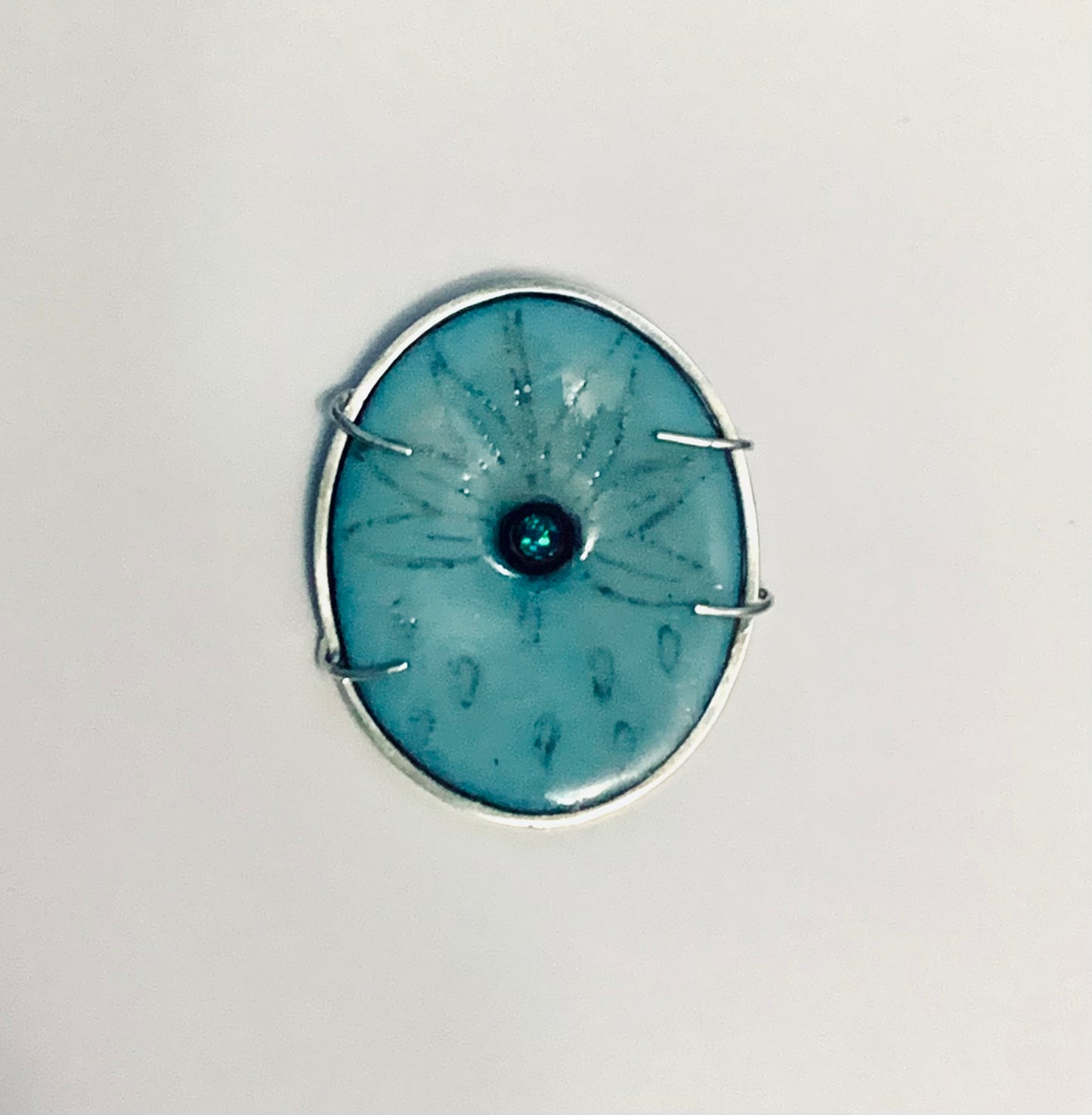 Sterling Silver and Light Blue Enamel Flower Pendant Necklace with Lab Opal Cabochon