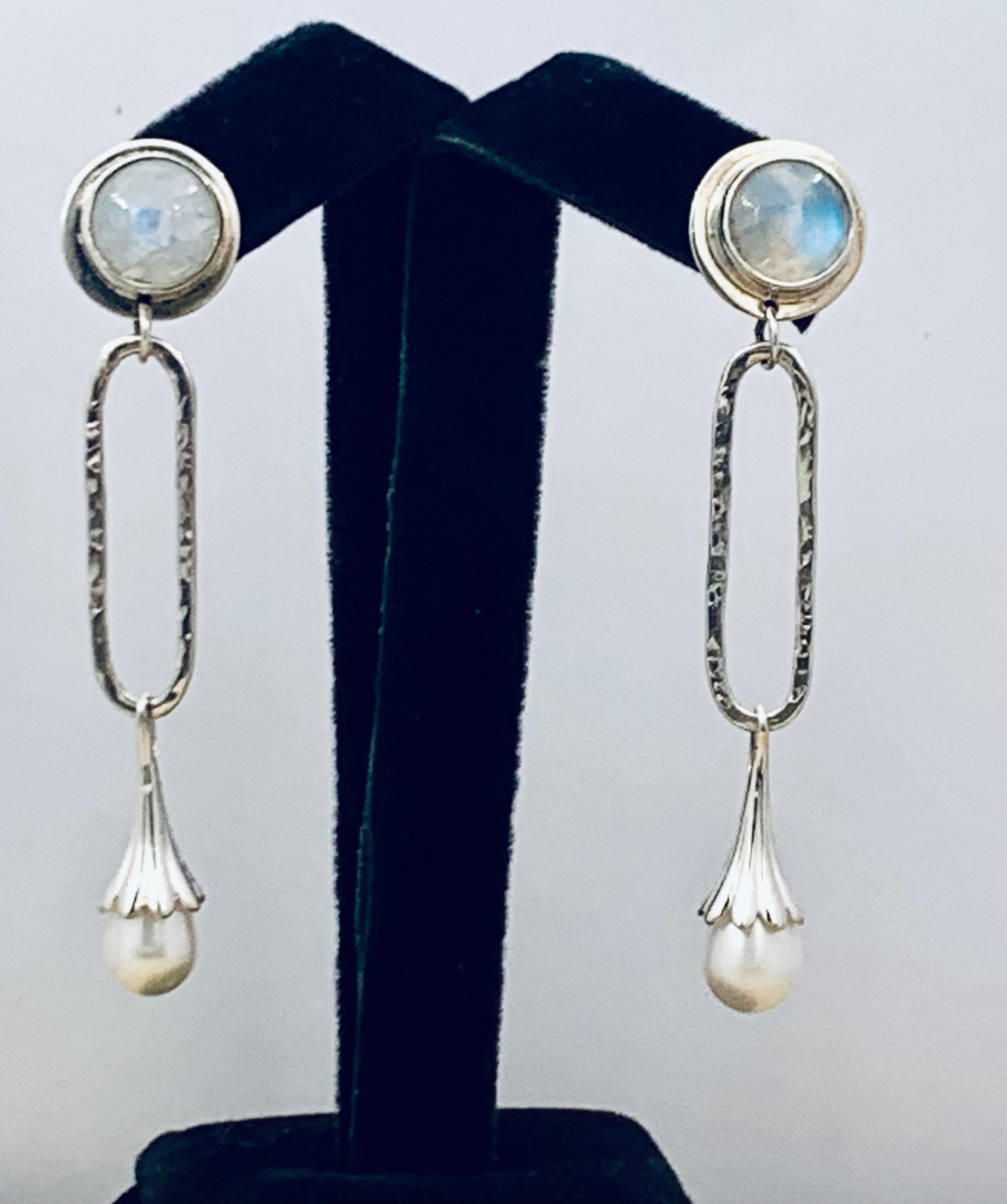 Celestial Paperclip Style Earrings with Moonstone and Pearl