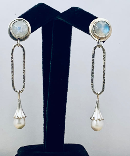 Celestial Paperclip Style Earrings with Moonstone and Pearl