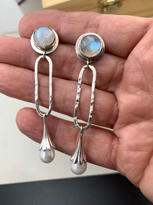 Celestial Paperclip Style Earrings with Moonstone and Pearl