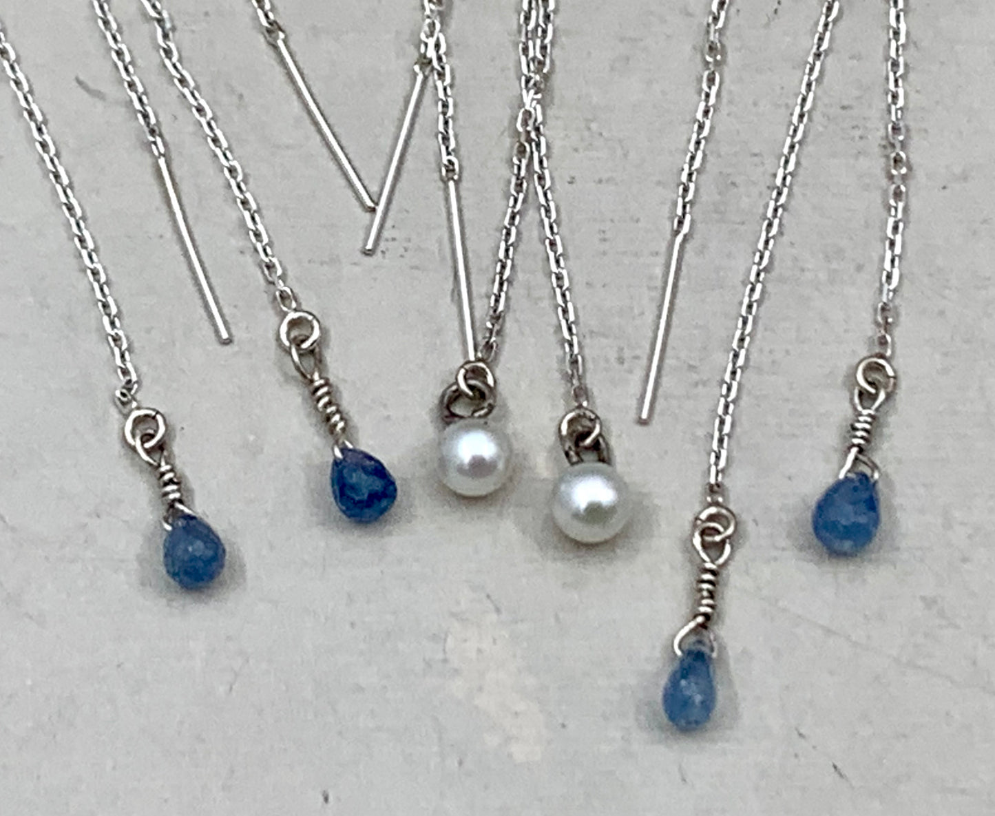 Sterling Silver Threader Earrings With Genuine Sapphire or Pearl