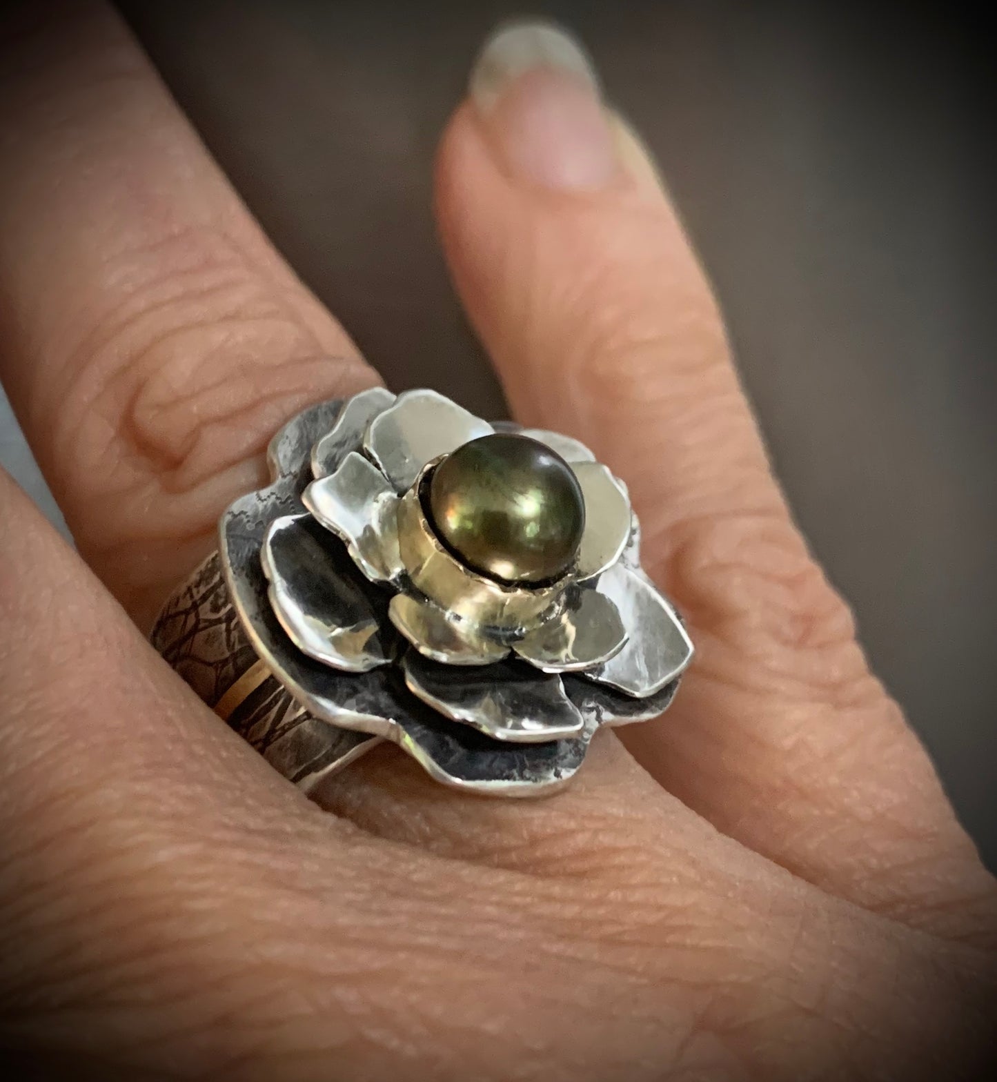 Oxidized Sterling Silver and 14k Gold Pearl Ring Floral, Botanical Design