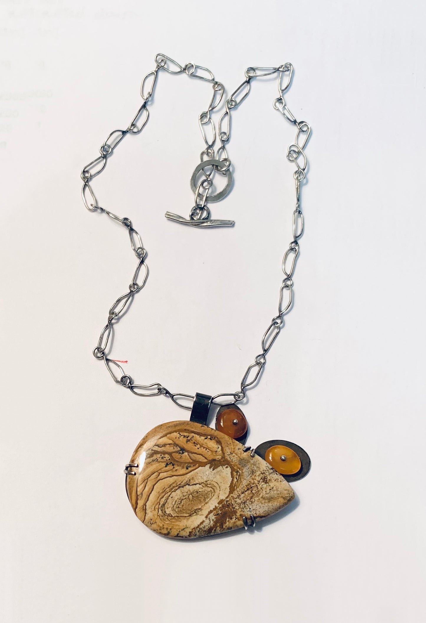 Handcrafted Sterling Silver Abstract Pendant Necklace with Picture Jasper, Baltic Amber