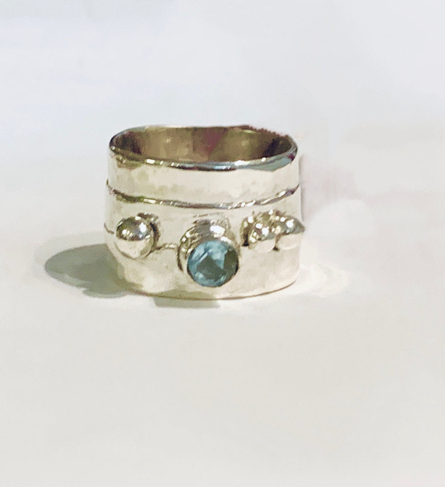 Hammered Statement Ring with 5mm Aquamarine - Sterling Silver, Wide Band