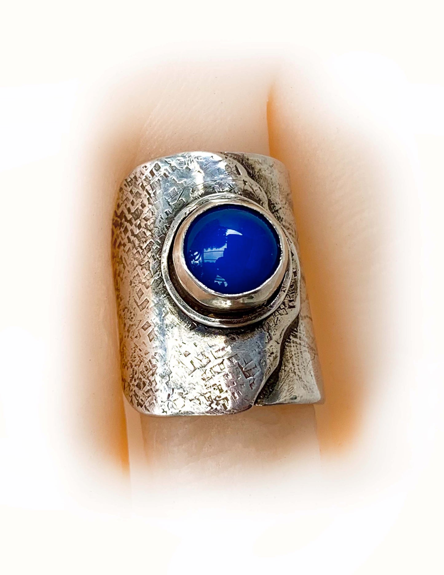 Boho Design Blue Chalcedony Statement Ring With Organic Texture Sterling Silver