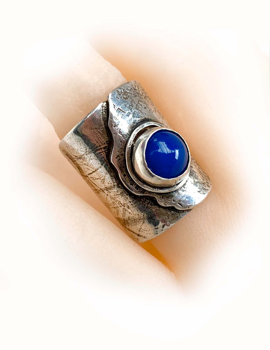 Boho Design Blue Chalcedony Statement Ring With Organic Texture Sterling Silver