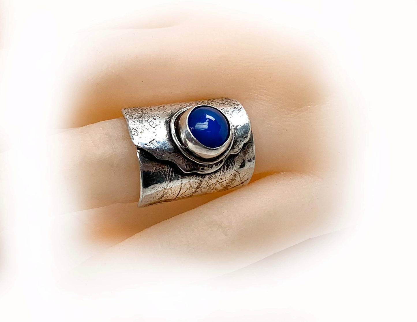 Boho Design Blue Chalcedony Statement Ring With Organic Texture Sterling Silver