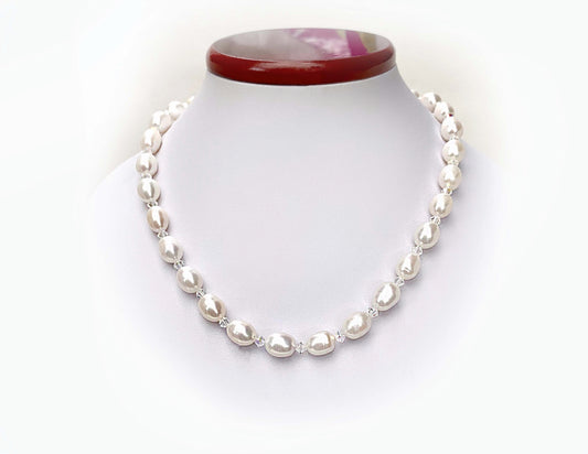 17" Freshwater Pearl and ABS Swarovski Crystal Necklace with handcrafted Silver Pearl Clasp