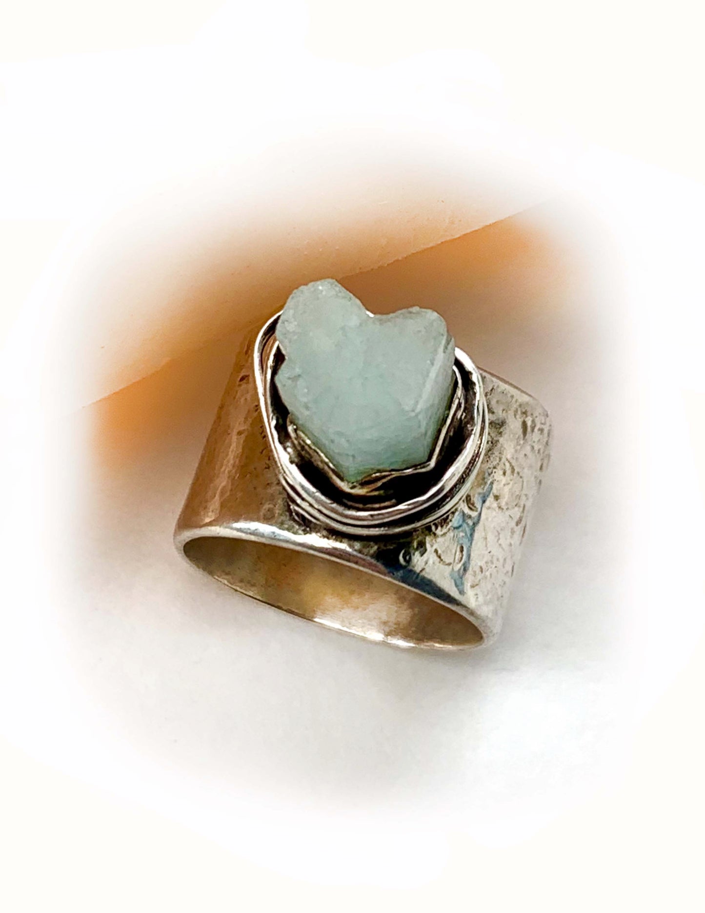 Contemporaryl Sterling Silver Ring with Heart Shaped Raw Aquamarine Gemstone