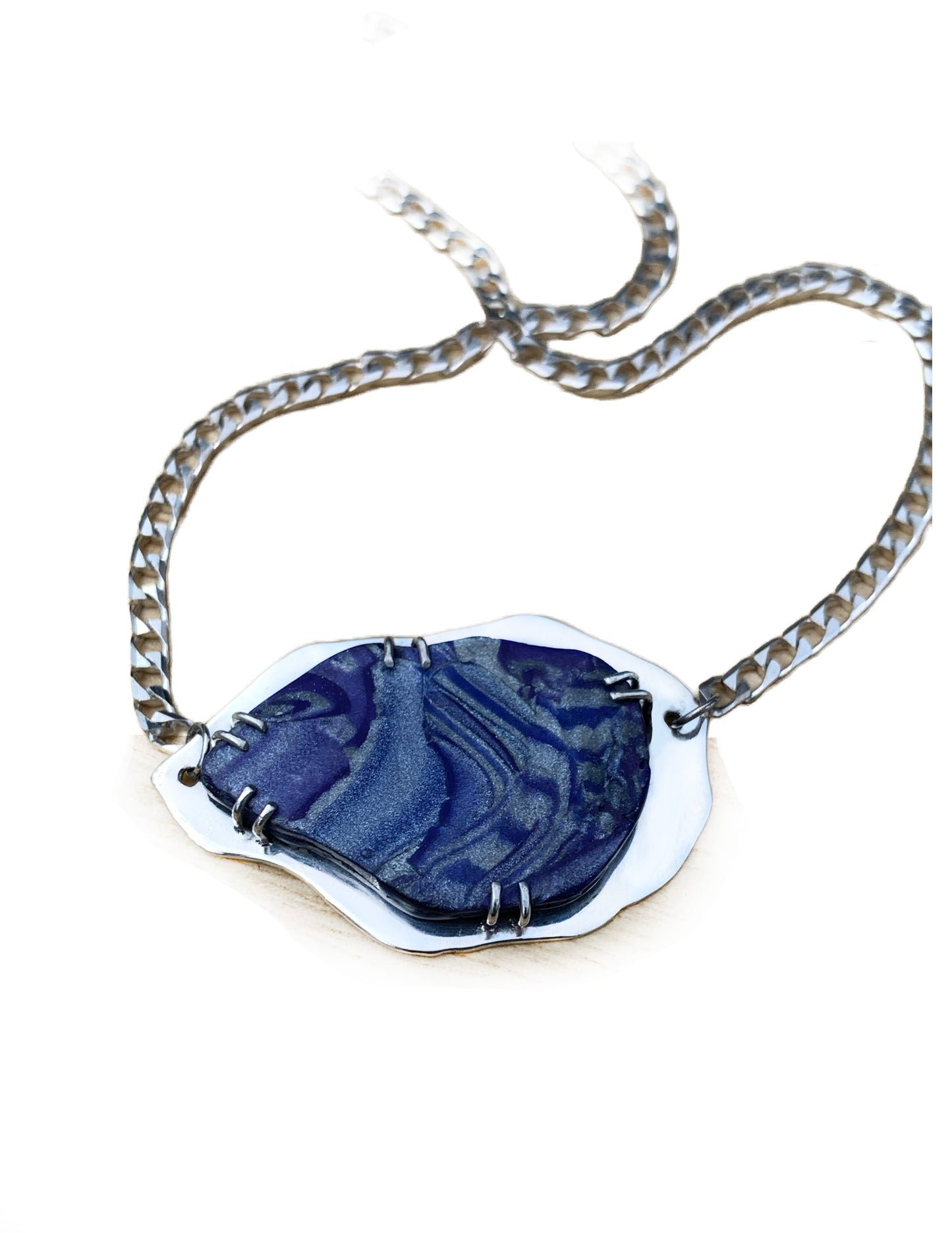 Handcrafted Sterling Silver and  Blue Polymer Clay Abstract Design Pendant Necklace