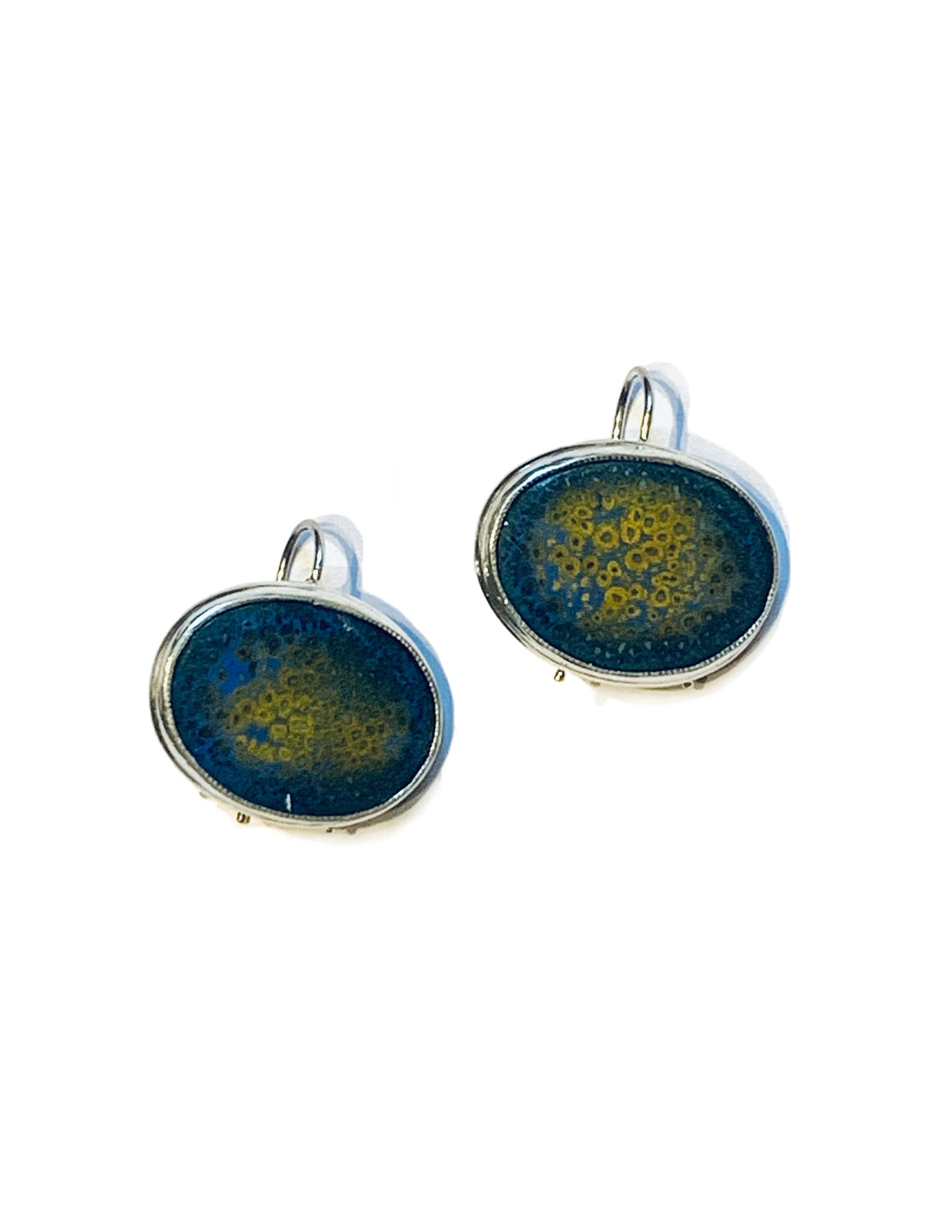 Gold and Blue Crackle Enamel Earrings set in Solid Sterling Silver