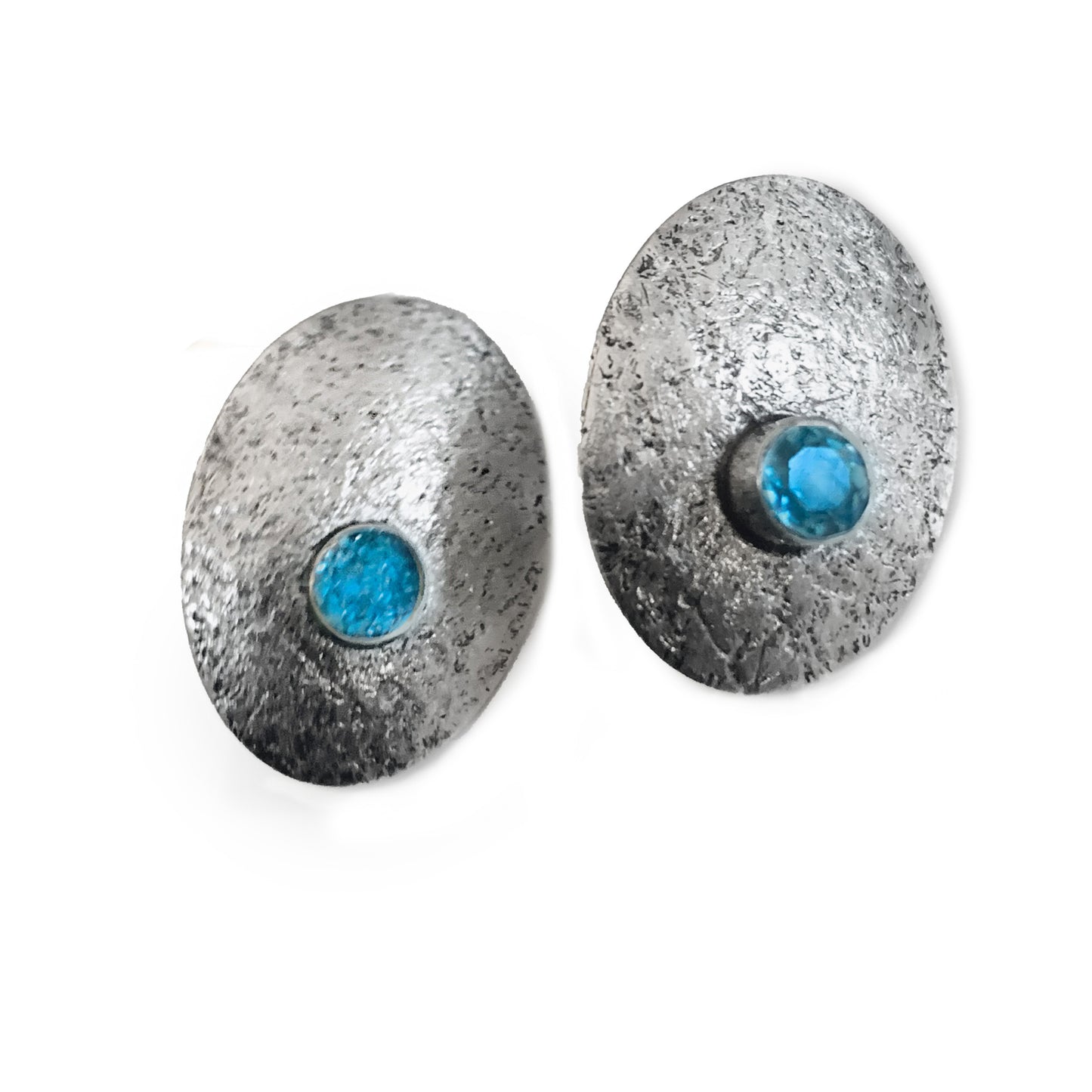 Textured Sterling Silver Stud Earrings with Bezel Set Swiss Blue Topaz