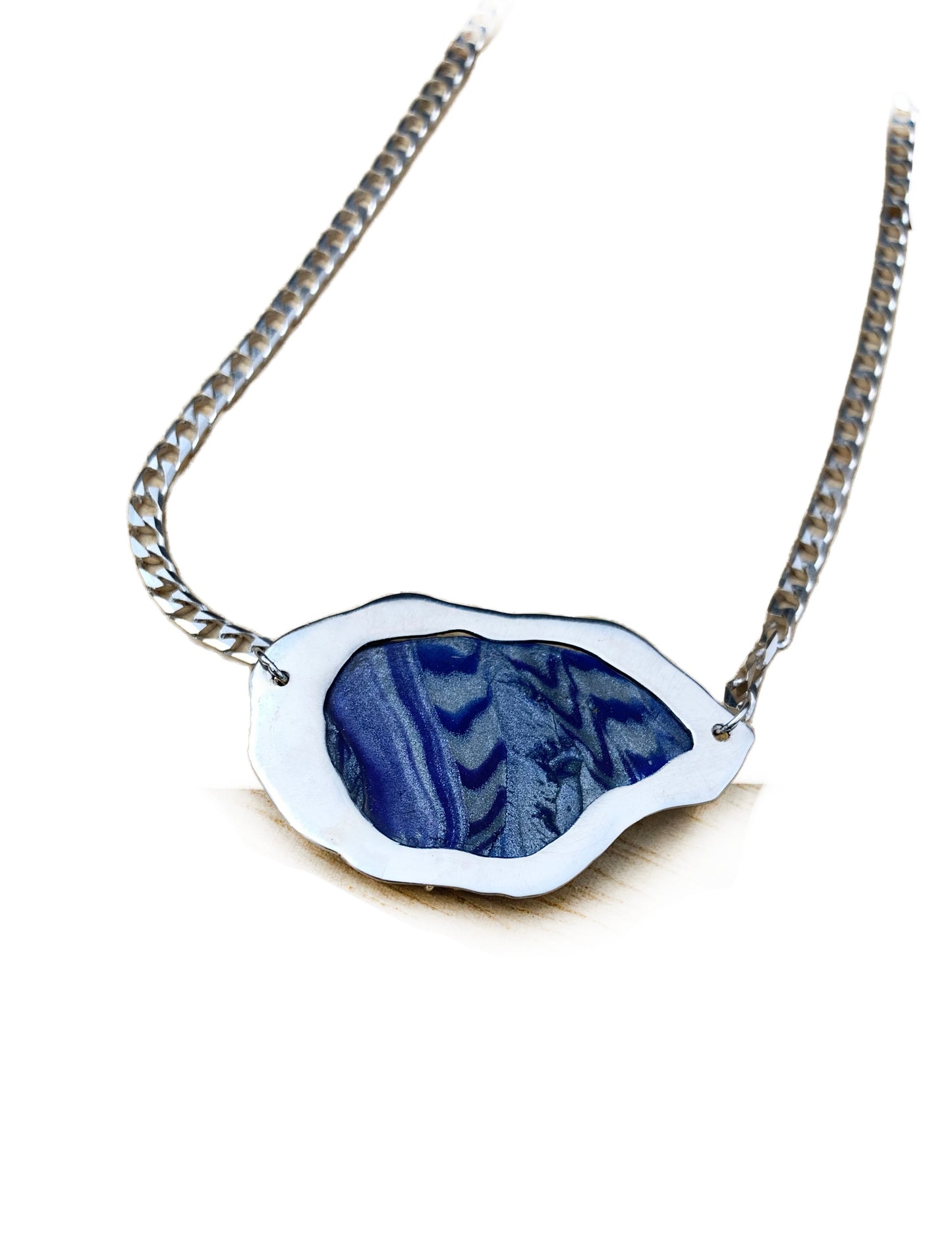 Handcrafted Sterling Silver and  Blue Polymer Clay Abstract Design Pendant Necklace