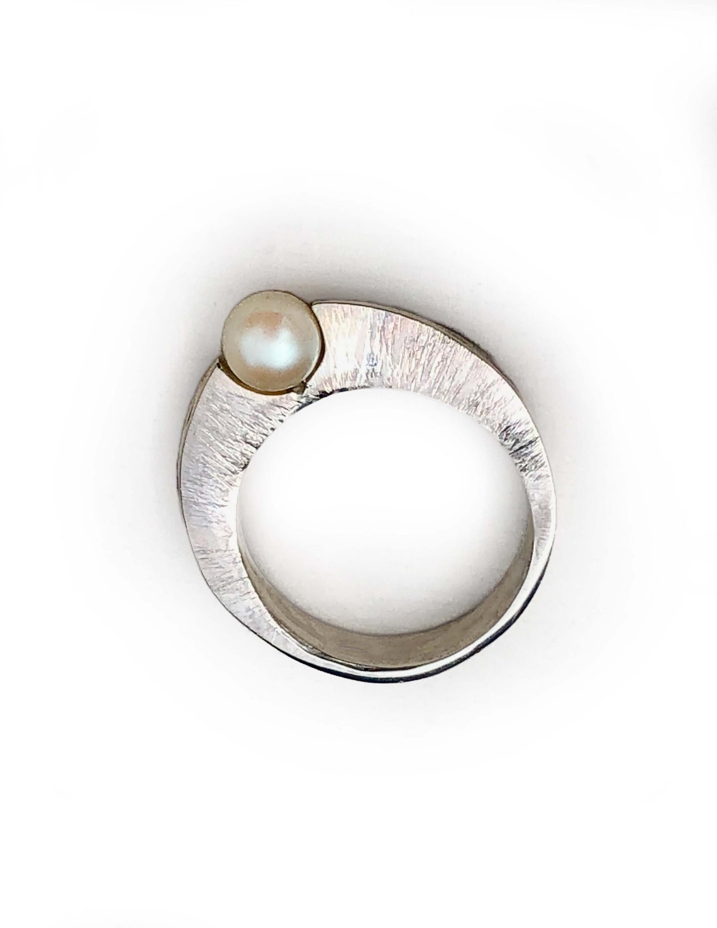 Minimalist Sterling Silver Ring with Brushed Texture and White Pearl