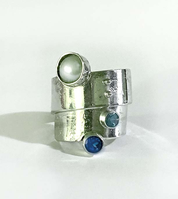 Sterling Silver Statement Ring, Wrap Around, Gemstones Blue Topaz, Tourmaline, moonstone