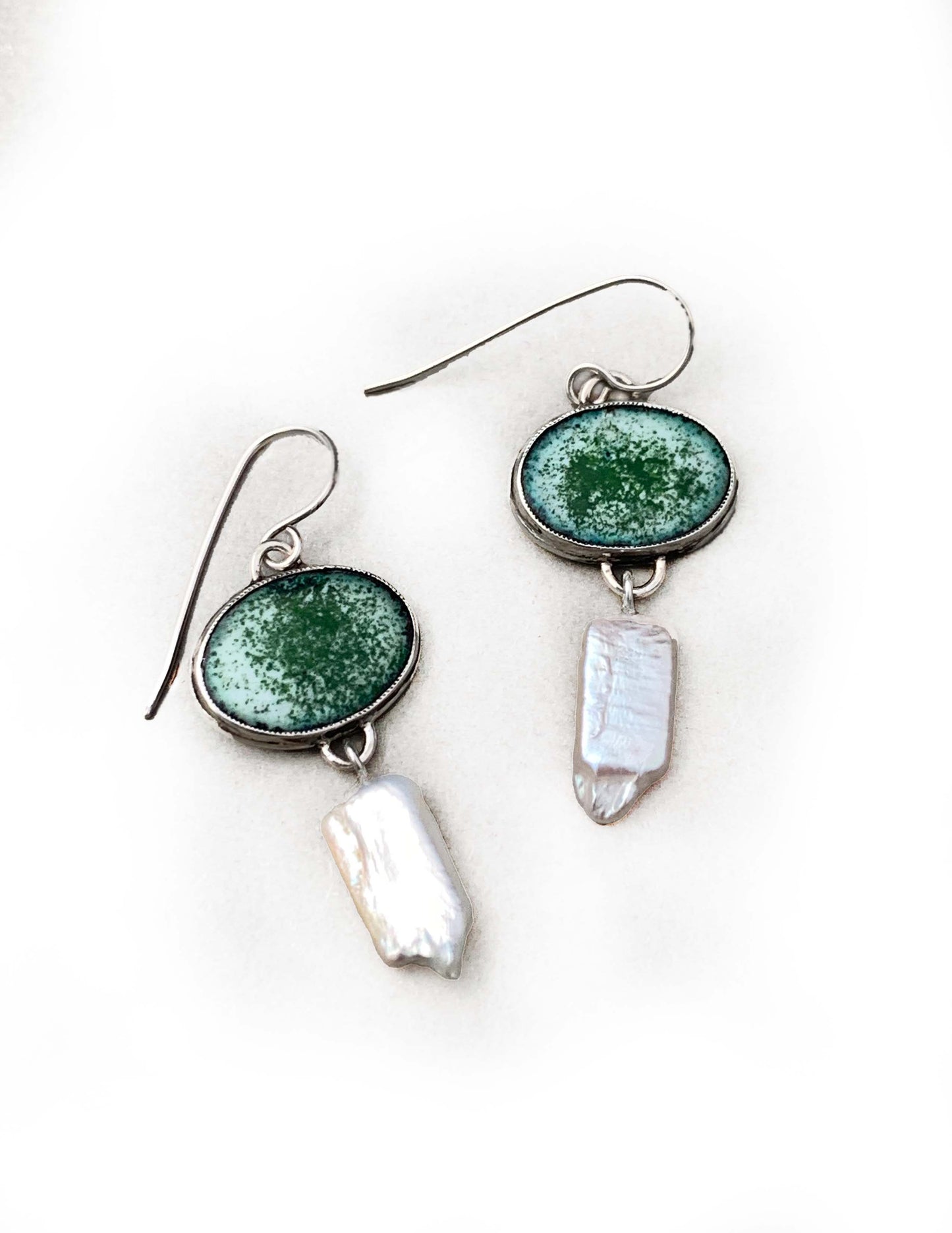 Lichen Earrings - Sterling Silver and Green Enamel with Pearl Drops