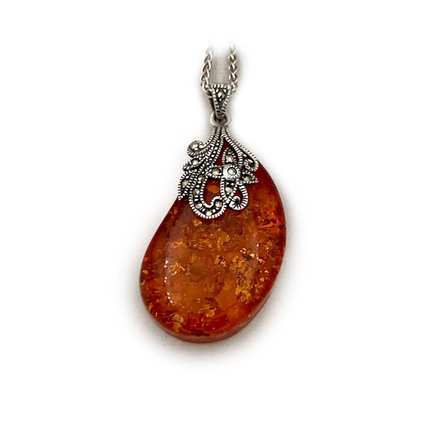 Large Baltic Amber and Marcasite Pendant Necklace