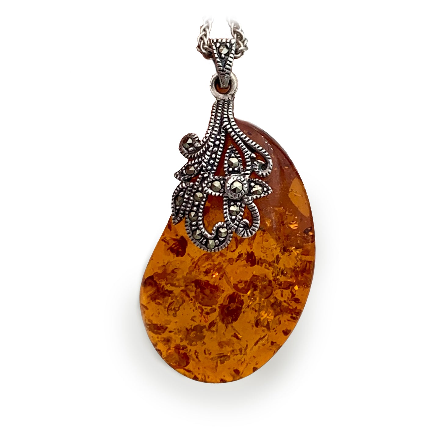 Large Baltic Amber and Marcasite Pendant Necklace