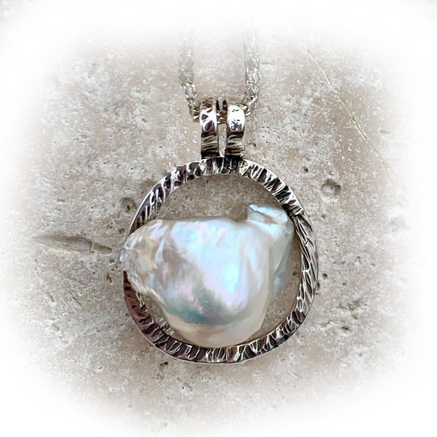 Handcrafted Sterling Silver Pendant Necklace featuring large White Baroque Pearl