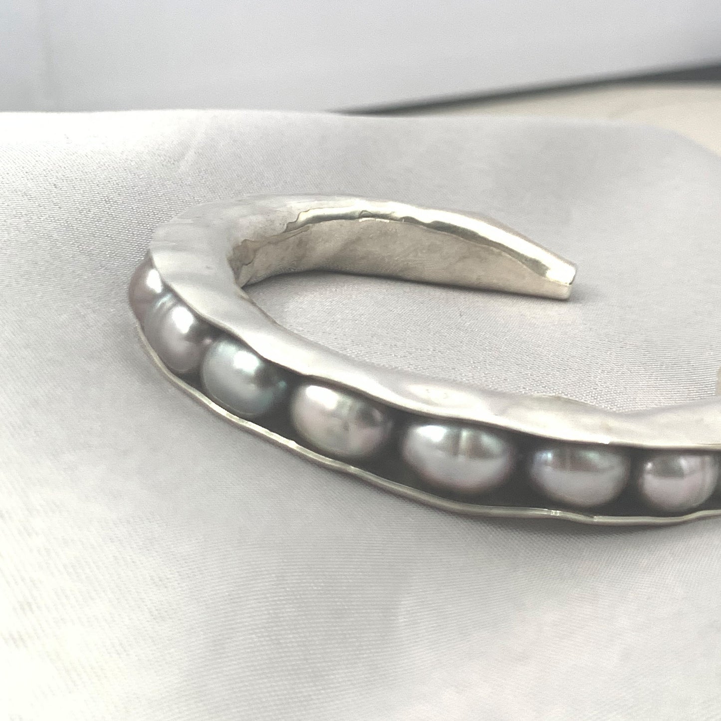 Artisan Sterling Silver and Gray Pearl Open Cuff Bracelet