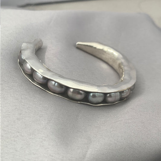 Artisan Sterling Silver and Gray Pearl Open Cuff Bracelet