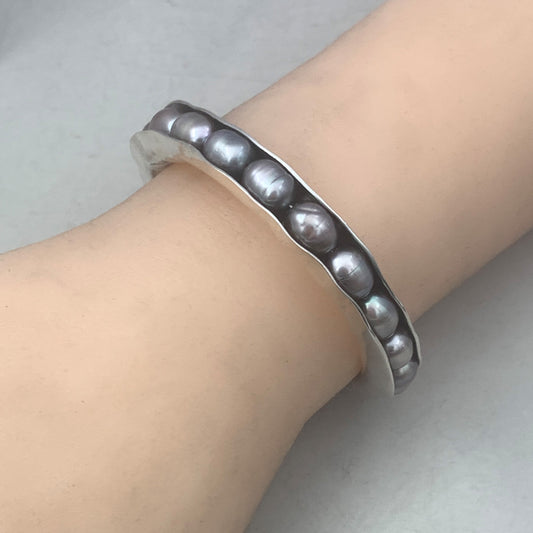 Artisan Sterling Silver and Gray Pearl Open Cuff Bracelet