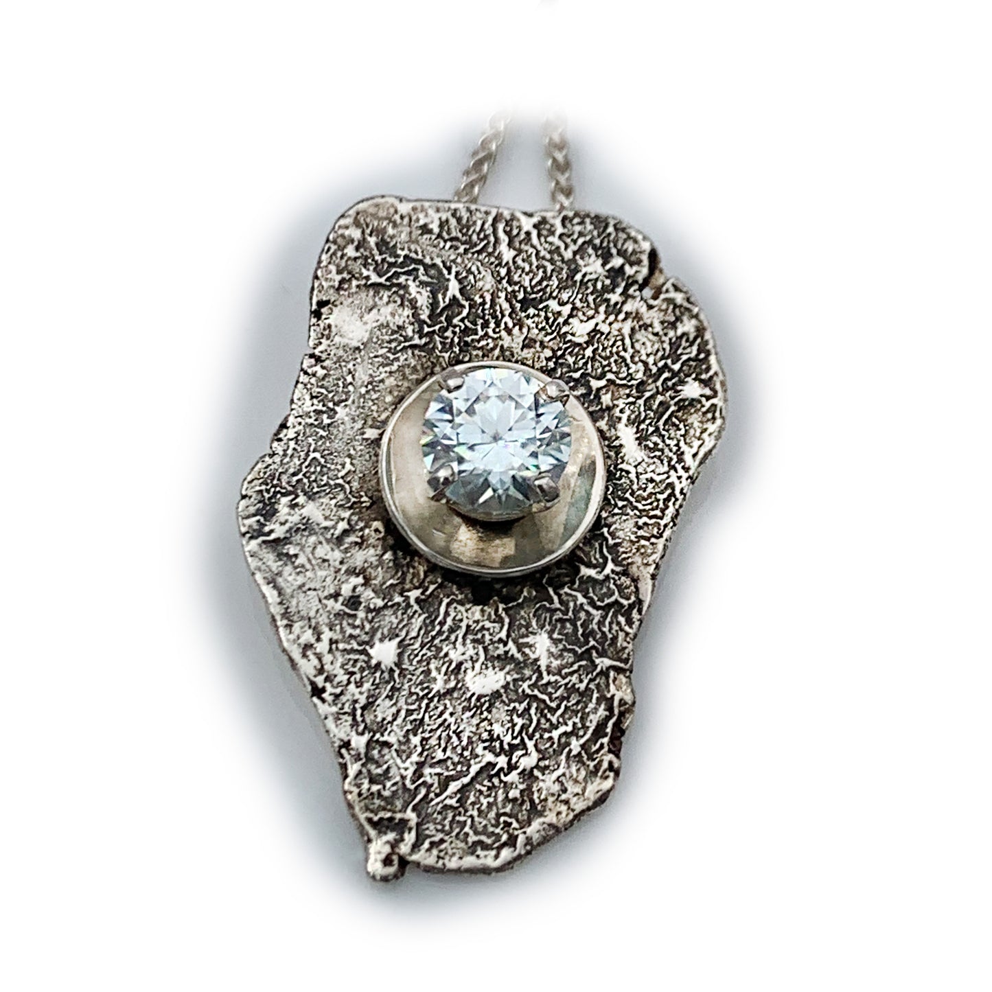 Handcrafted, Reticulated Sterling Silver and Ice Blue Moissanite Pendant Necklace