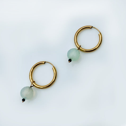 10k Solid Gold Hoop Earrings with Blue Aquamarine Drops