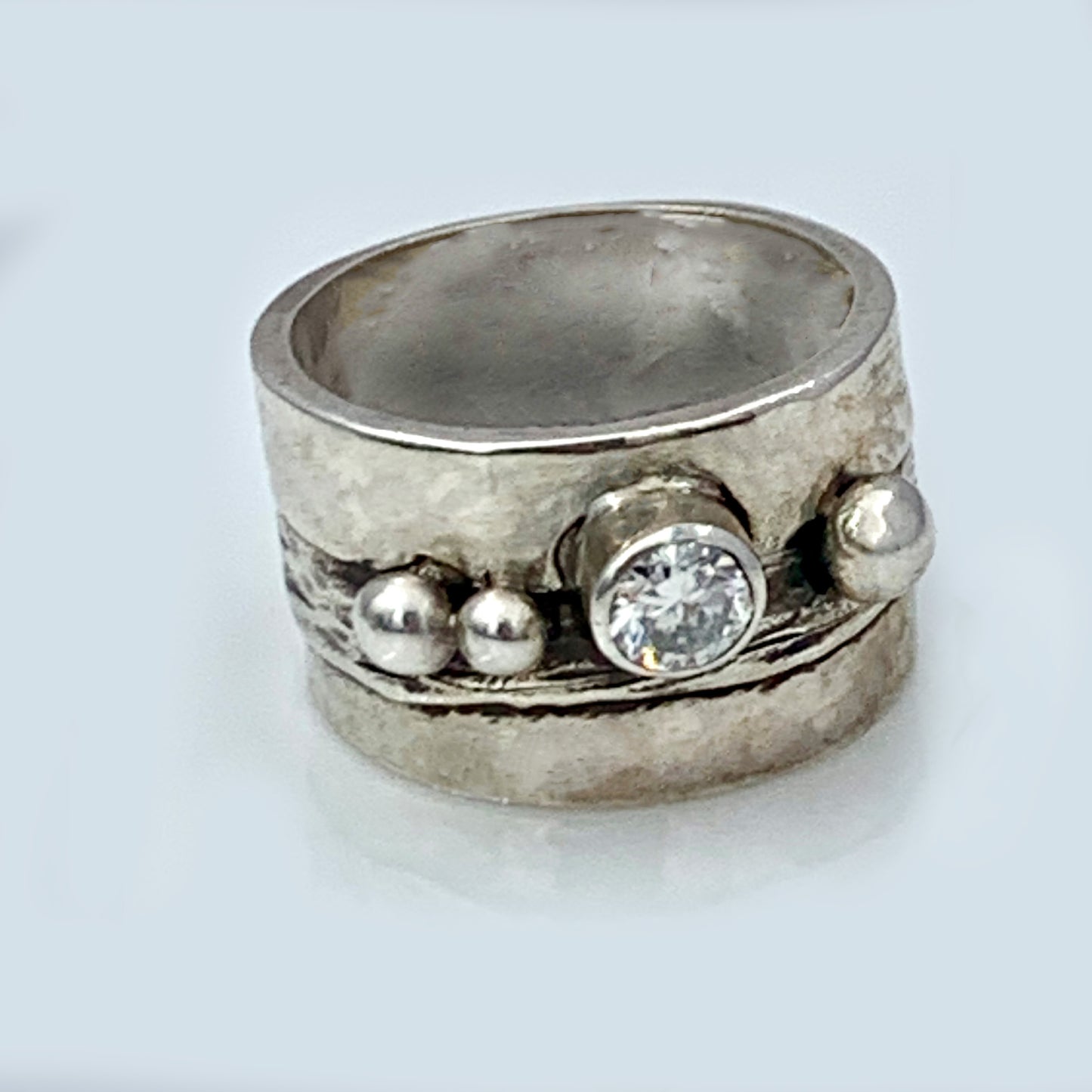 Hammered Statement Ring with 5mm Moissanite Sterling Silver, Wide Band