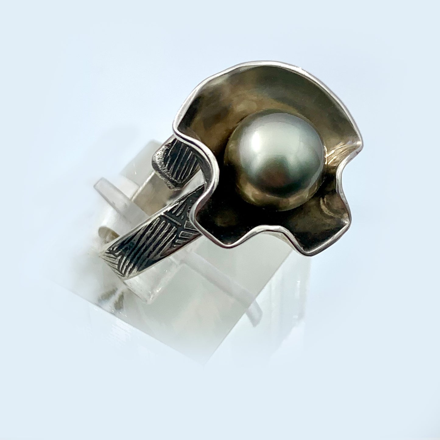 Adjustable Size Design Sterling Silver, 10.3mm Tahitian Black Pearl, Cocktail Ring