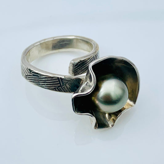 Adjustable Size Design Sterling Silver, 10.3mm Tahitian Black Pearl, Cocktail Ring