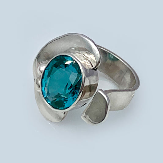 Adjustable Size Open Design Statement  Sterling Silver Ring - blue Indicolite Tourmaline