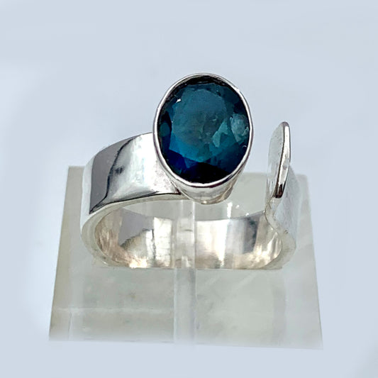 Adjustable Size Open Design Sterling Silver Ring - London Blue Topaz