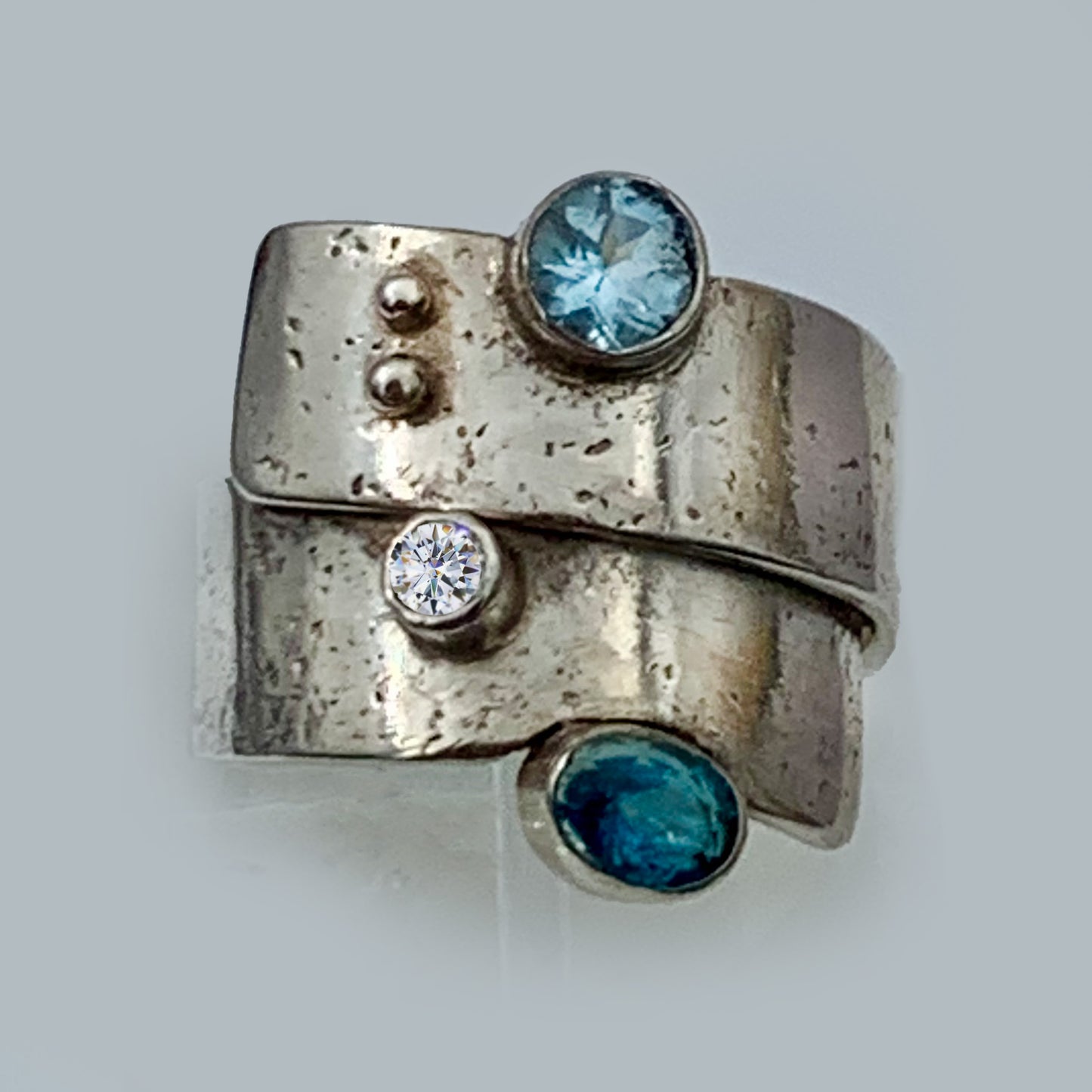 Sterling Silver Textured Statement Ring, Wrap Around,  Gemstones Blue Topaz, Moissanite