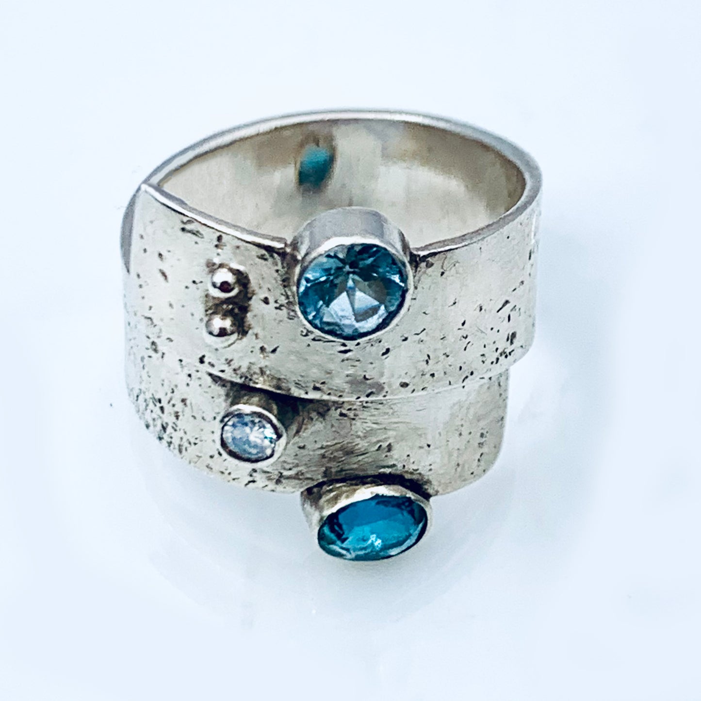 Sterling Silver Textured Statement Ring, Wrap Around,  Gemstones Blue Topaz, Moissanite