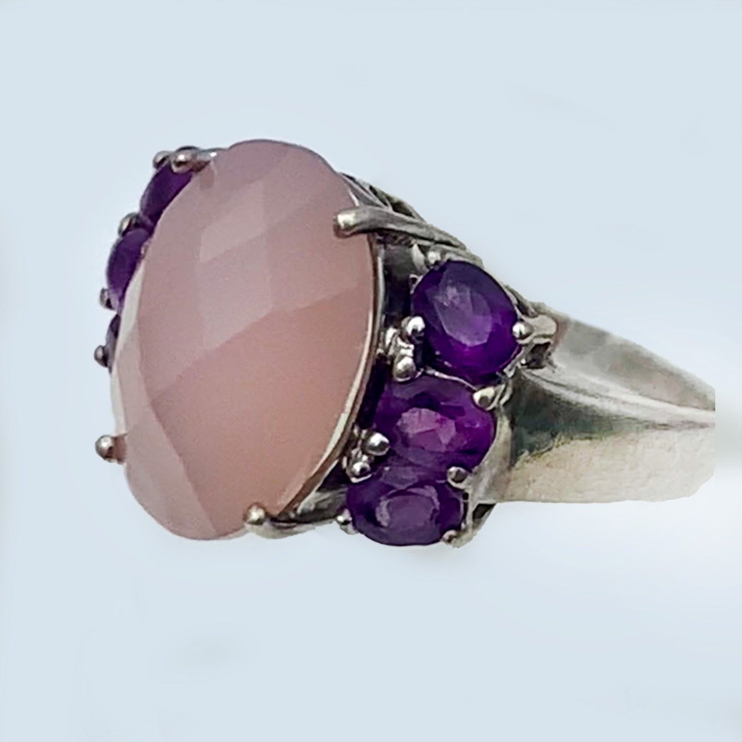 Sterling Silver Ladies Ring - Pretty Pink Faceted Rose Quart and Amethyst gemstone