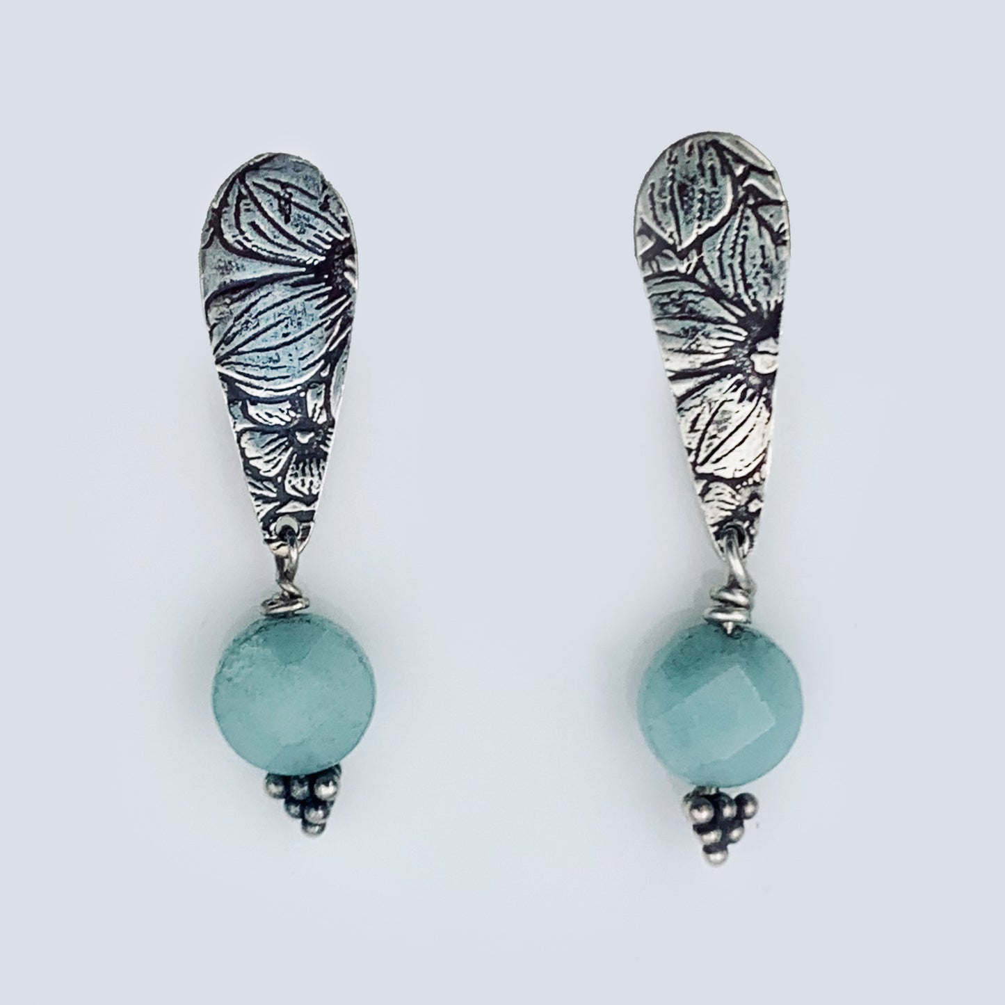 Romantic Floral Sterling Silver Earrings with Aquamarine Drops