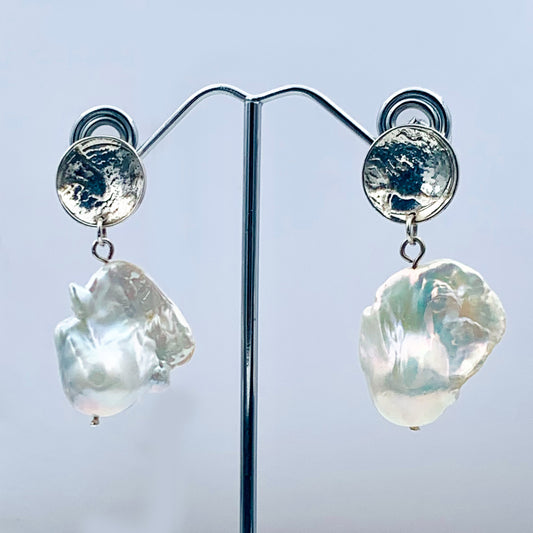 Hand Made Sterling Silver Earrings with Baroque White Pearls