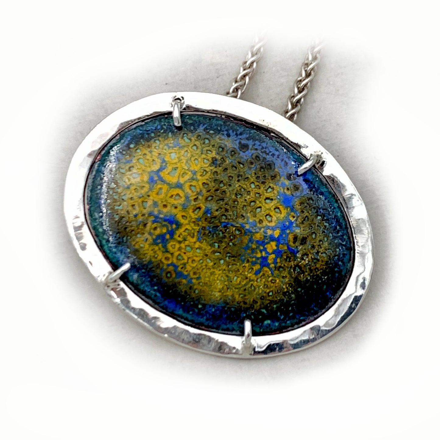 Gold and Blue Crackle Enamel Pendant Necklace set in Solid Sterling Silver