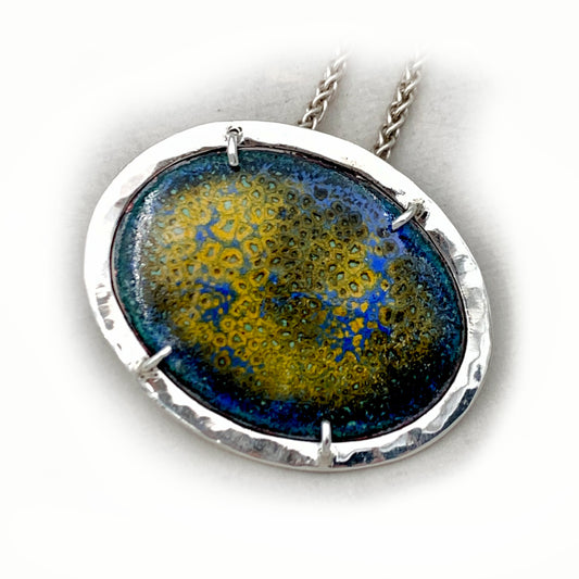 Gold and Blue Crackle Enamel Pendant Necklace set in Solid Sterling Silver